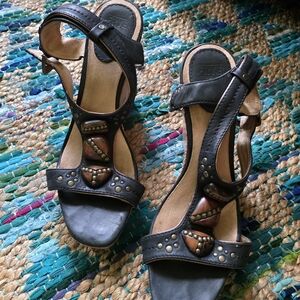 Stylish Black Sandals with Studded AccentsFrye Bridget Ornament Black Wedges
